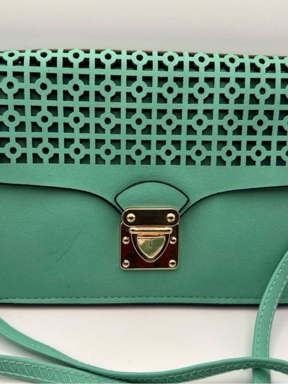 Mint Green Laser-Cut Crossbody Bag with Gold Lock